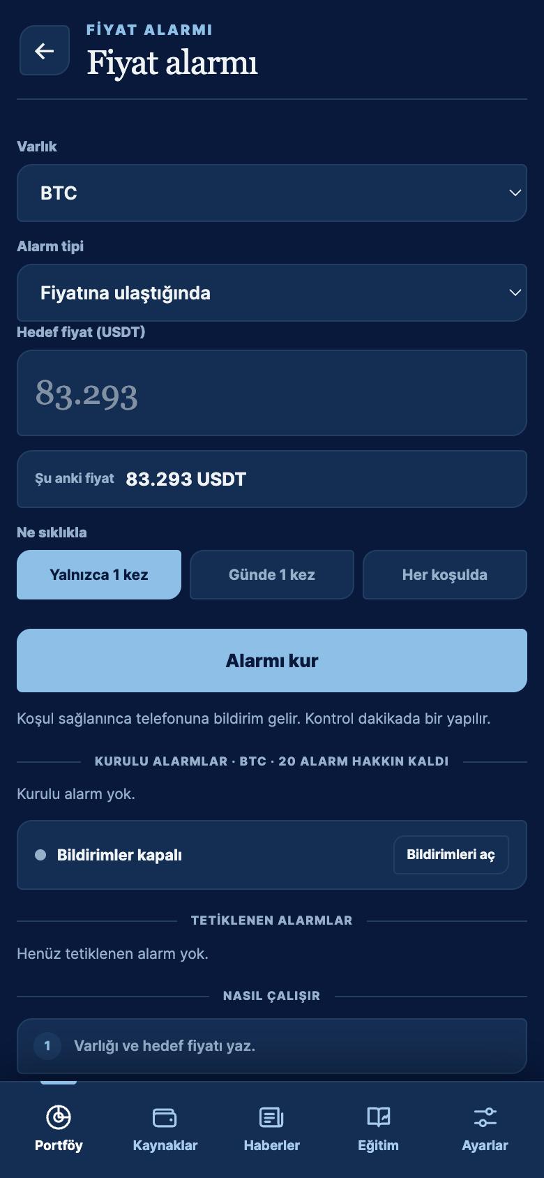 Fiyat alarmı kurma ekranı