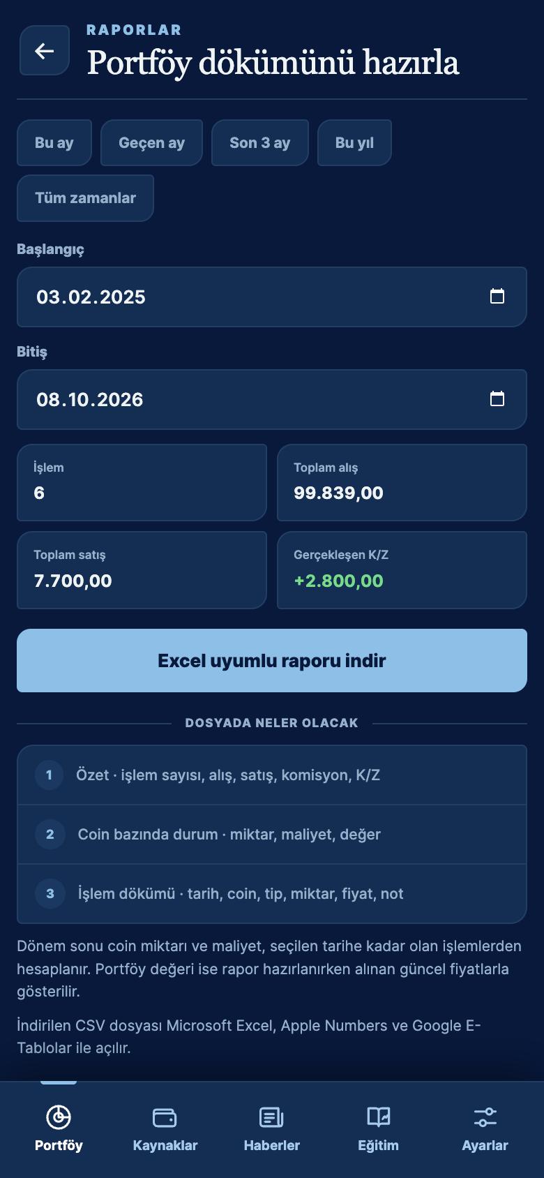 KronX rapor ekranı: işlem, alış, satış ve gerçekleşen kâr/zarar