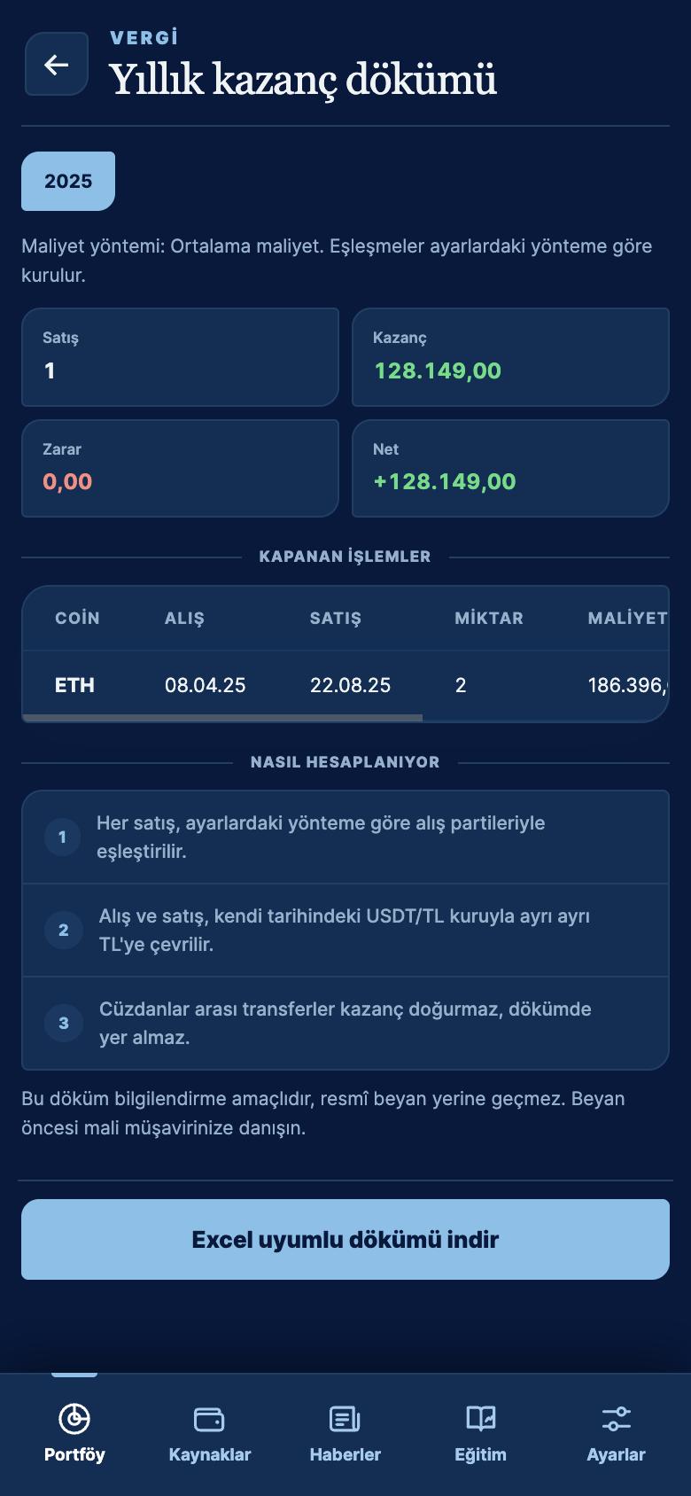 Yıllık kazanç dökümü ekranı